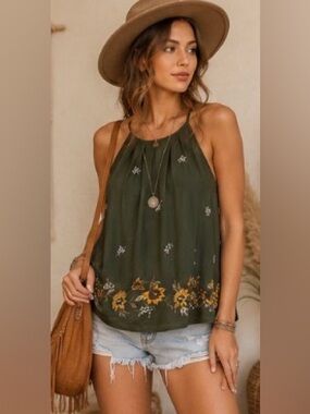 DNA Couture Olive Floral Embroidered Sleeveless Boho Tank Top – Size Small